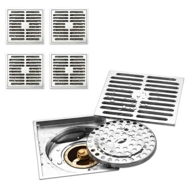 Imagem de Ralo 10x10 Kit 4 Uni Inox Lavabo Banheiro Anti Inseto Anti Odor Rapido Escoamento Seguro Resistente