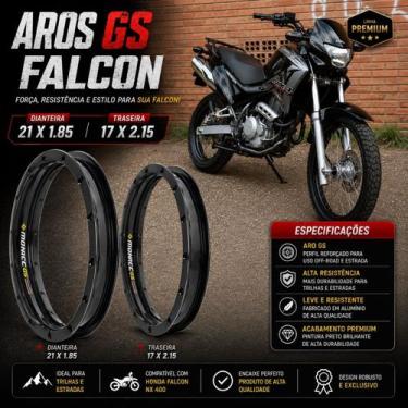Imagem de Par jogo aro modelo gs 21x1.85d / 17x2.15t falcon 400 preto brilhante 