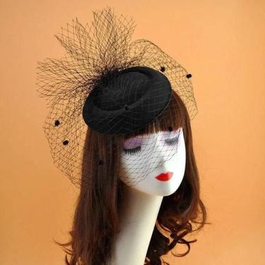 Imagem de Acessório De Cabelo Chapéu De Lã Retrô Preto Com Véu Pequeno Para Fest