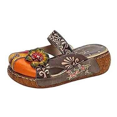 Imagem de TangDao Chinelo feminino de couro colorido, vintage, moderno, floral, com flores, estilo boho, plataforma, sem costas nuas para mulheres, Marrom, 6.5