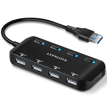 Imagem de Expansor de porta USB múltipla, hub USB 3.0 ultrafino LYFNLOVE, divisor USB de 4 portas de alta velocidade com interruptores de alimentação individuais liga/desliga para laptop, computador, PC, controlador de polegar e mais