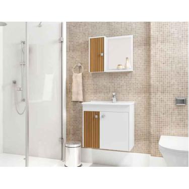 Imagem de Gabinete com Espelheira Banheiro Munique em Madeira Branco Ripado com Lavatório Móveis Bechara