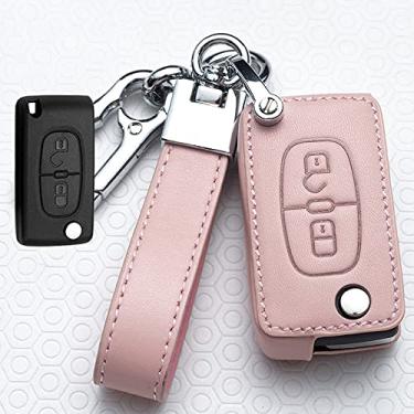 Imagem de YJADHU Capa de chave de carro de couro, apto para Peugeot 107 206 207 208 306 307 301 308S 407 2008 3008 4008 5008 RCZ Citroen C1 C2 C3 C4 C5 DS3/4,A, rosa