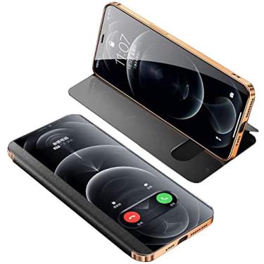 Imagem de CYSUE Capa com função stent para Apple iPhone 12 Mini (2020) 5,4 polegadas, janela de visualização clara fólio capa de telefone de couro à prova de choque (Cor: Preto)