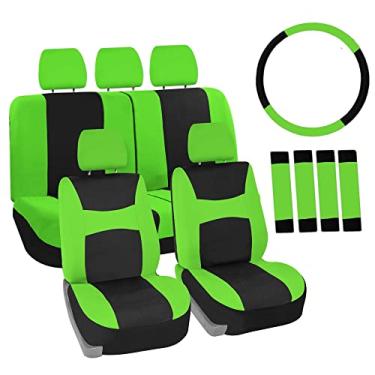 Imagem de Conjunto de capas de assento automotivas verde ajuste universal com capa de volante e almofada de cinto de segurança serve na maioria dos carros, SUVs e caminhões (compatível com airbag e banco dividido) FH Group FB030GREEN-COMBO