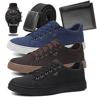 Imagem de KIT 3 Sapatênis Masculino Ultra Conforto + Relógio + Cinto + Carteira - Preto/Café/Azul - 37