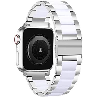 Imagem de NYENEIL Pulseira de resina leve compatível com Apple Watch SE de 42 mm, 44 mm, 45 mm, ultra 49 mm, série 8, 7, 6, 5, 4, 3, 2 e 1 de 42 mm, 44 mm e feminina (prata + branco, 42 mm/44 mm/45 mm/49 mm)