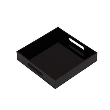 Imagem de Bandeja de acrílico resistente com alças - Espessura de 5 mm - Bandeja organizadora de bancada para cozinha, banheiro, escritório, bar - caixa de armazenamento para cosméticos, joias, artigos de higiene, brinquedo, gadgets¡-, Glossy Black, 10"x10"x2"H