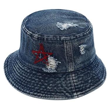Imagem de Chapéu bucket de algodão chapéu de pescador jeans chapéu de pescador chapéu de sol de praia chapéu tavel verão chapéu de bacia chapéu pescador, Azul, Tamanho Único