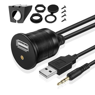 Imagem de Cabo de montagem USB TNP - Painel de painel de painel de montagem tomada tomada tomada conector extensão cabo à prova d'água para carro caminhão reboque barco motocicleta, USB + 3.5mm AUX 1/8" (3 Feet), Black, Round