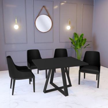 Imagem de Mesa De Jantar Pérola 1,2m Preto Com 4 Cadeiras Elisa Tecido Sintético Madeira Maciça Preto