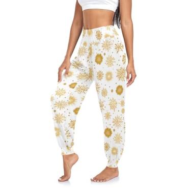 Imagem de CHIFIGNO Calça de moletom feminina jogger calças de ioga harém calças femininas de cintura alta, Flocos de neve dourados em branco, XXG