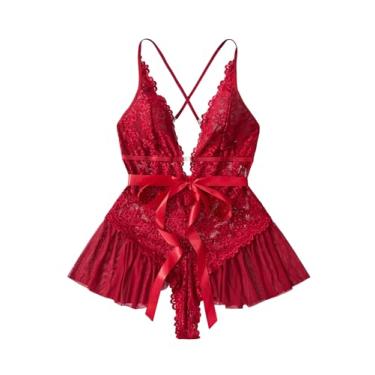 Imagem de OYOANGLE Lingerie feminina plus size floral renda decote V profundo malha transparente body roupa de dormir, Borgonha, 1XL