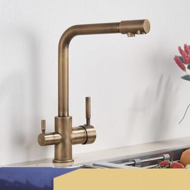 Imagem de Filtro torneira da cozinha cromo beber água pura torneira da cozinha deck montado alças duplas 3 maneiras misturador de água quente e fria, latão antigo, 1