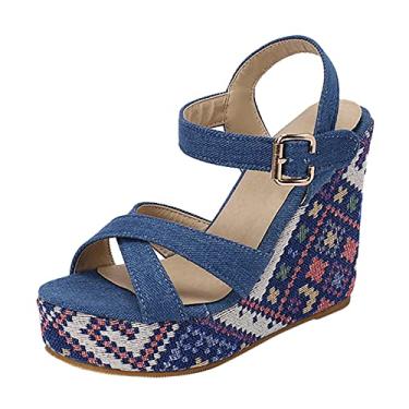 Imagem de ZHONKUI Sandálias femininas de plataforma de verão elegantes e confortáveis com alpargatas com gráficos étnicos, Azul-marinho, 38 BR