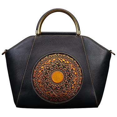Imagem de Bolsa feminina de couro legítimo, bolsa organizadora retrô de couro de bronzeamento vegetal vintage com totem em relevo, Tinta azul, Medium