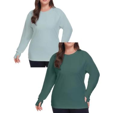 Imagem de Inno Camiseta feminina de treino plus size com FPS 50+ macia com manga comprida, absorção de umidade, corrida, caminhada, esportes, 2 peças, cinza azul-claro/floresta escura, 2X