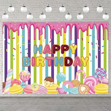 Imagem de Dessert Happy Birthday Favors Banner Backdrop Background Grow Up Colorful Stripes Candy Cake Pink Donuts lollipop Theme Decor for Sweet Baby Girl Princess 1st Birthday Party Supplies Decorations