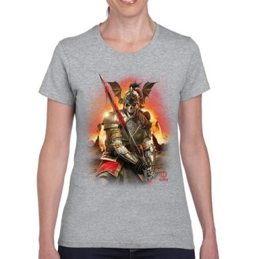 Imagem de Camiseta Apocalypse Reaper Fantasia Esqueleto Cavaleiro com Espada Medieval Criatura Lendária Dragão Mago Camiseta Feminina, Cinza, G