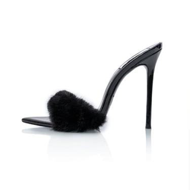 Imagem de Wwhe0514rlq Pantufas de pelúcia com bico fino, bico fino, bico aberto, elegante, vestido de festa, salto alto, Preto, US8.5 EU42