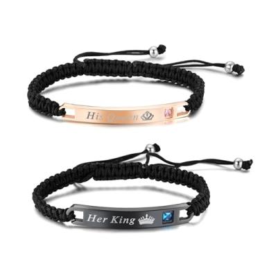 Imagem de NMQLX Pulseiras de casal de aço inoxidável: Conjunto de pulseiras trançadas His Queen Her King com corda ajustável, Metal, Sem pedras preciosas