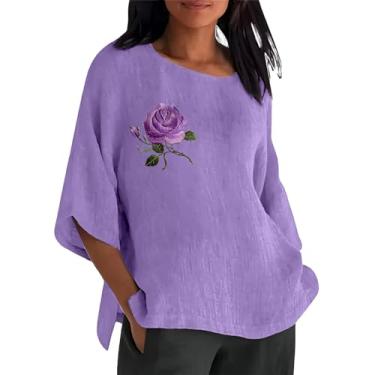 Imagem de Camisetas de linho femininas Alzheimers manga 3/4 roxa estampa floral blusa casual solta verão tops, rosa, M