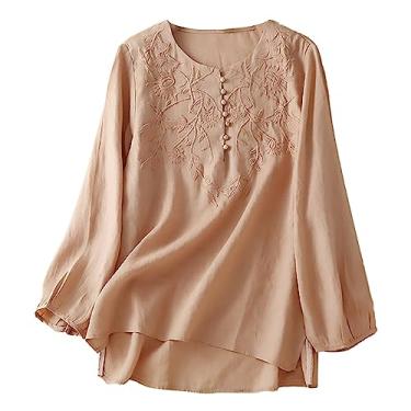 Imagem de Camisas femininas de algodão e linho com botões e gola redonda, manga comprida, blusas estilosas, casuais, soltas, rosa, M