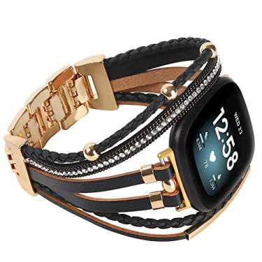 Imagem de Pulseiras de couro elegantes compatíveis com Fitbit Versa 3/Fitbit Sense, pulseira feminina estilo boho multicamadas, pulseira ajustável feita à mão para relógio inteligente Sense/Versa 3 (preto)