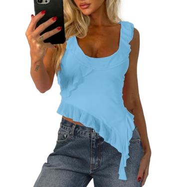 Imagem de Camiseta regata feminina Y2k sexy de malha cropped sem mangas frente única assimétrica com babados e babados, Azul, PP