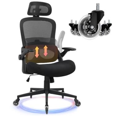 Imagem de FAMSINGO Cadeira de escritório de malha ergonômica, cadeira de mesa de encosto alto com suporte lombar para cima e para baixo, apoios de braço 3D e encosto de cabeça 2D, assento largo de espuma de