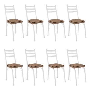 Imagem de Kit 8 Cadeiras De Cozinha Luisiana Estampado Rattan Bege Pés De Ferro Branco