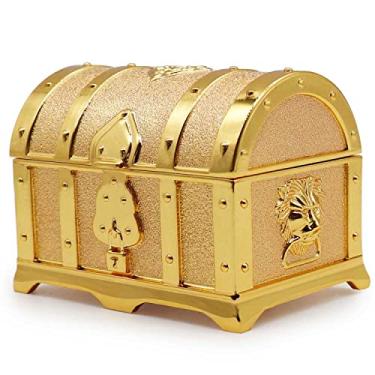 Imagem de AVESON Caixa de joias retangular vintage de metal baú de tesouro, caixa de presente, caixa de presente para meninas, mulheres, pequena, dourada