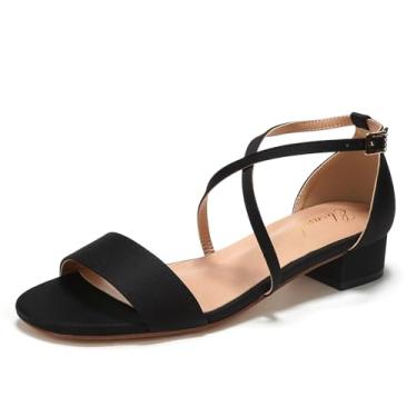 Imagem de Elivandon J1584 Sandália Feminina de Cetim Salto Baixo 3cm Bico Aberto Salto Bloco Sapato para Festa Noite Casamento Cor Preto,Tamanho BR 39/EU 41