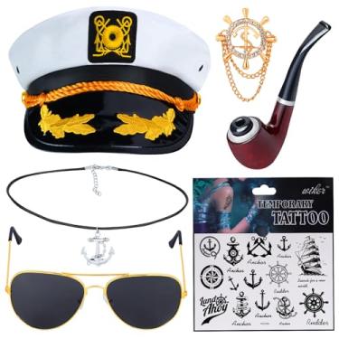 Imagem de Beelittle Conjunto de acessórios de fantasia de capitão de iate chapéu de marinheiro com adereço de capitão e óculos de sol de aviador (G)