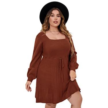 Imagem de Vestido feminino plus size casual gola quadrada manga lanterna longa gravata cintura pulôver pulôver solto, Caramel, 3G