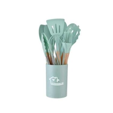 Imagem de Kit 12 Utensílios De Cozinha Em Silicone E Cabo De Madeira Resistente 