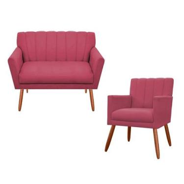 Imagem de Kit Namoradeira + 1 Poltrona Decorativa Cecília Suede Rosa Pés Madeira