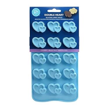 Imagem de R & M International 9005 Molde de silicone de coração duplo para doces, chocolate, cera e mais, 22,8 x 1,9 x 11,4 cm, azul