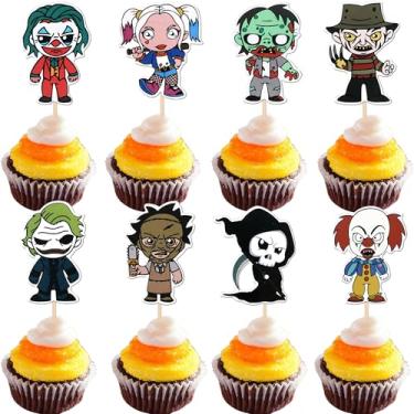 Imagem de Pacote com 32 enfeites de cupcake de mangá de terror Halloween tema de personagem de desenho animado escolhas de cupcake filme de terror aniversário chá de bebê festa decoração de bolo suprimentos