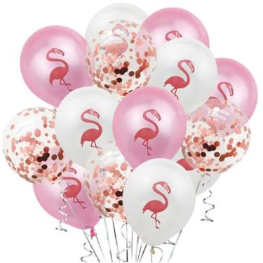 Imagem de Balão de flamingo, festa havaiana, decoração de casamento, 5 balões de flamingo branco de 30,48 cm | 5 balões de flamingo vermelho de 30,48 cm | 5 balões confetes de ouro rosa de 30,48 cm | 1 rolo de fita
