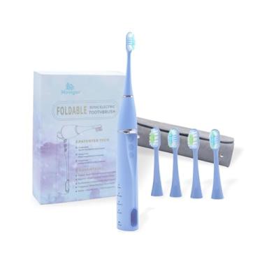 Imagem de Movigor Escova de dentes elétrica SanitizeClean dobrável, 4 cabeças de escova, amplitude flexível, carregamento rápido, escovas de dentes sônicas portáteis de viagem para adultos, azul