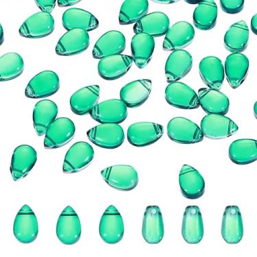 Imagem de PATIKIL Grânulos de gota de vidro tcheco, 50 peças de contas de semente de vidro transparente perfuradas na parte superior contas de gota de chuva de cristal, verde claro, 6 x 9 mm