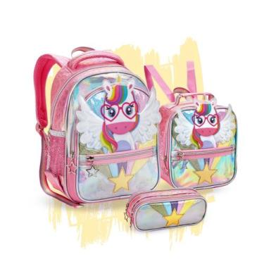 Imagem de Kit Mochila Escolar Infantil Menina 3 Divisórias Gatinha Unicórnio Com