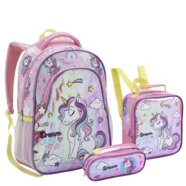Imagem de Kit Mochila Escolar Infantil Unicórnio Com e Sem Rodinhas Criança Meni