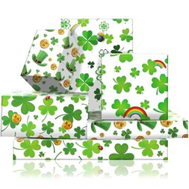Imagem de Papel de embrulho Luck of the Irish Shamrock 4 folhas em 4 designs 71 x 50,8 cm, chapéu de duende de moeda de ouro trevo verde, embrulho de presente plano dobrado para dia de São Patrício irlandês,