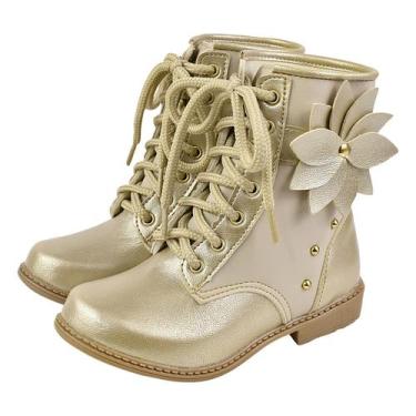 Imagem de Bota Coturno Infantil Menina Flor e Cadarço Dourado - Raniel Calçados,