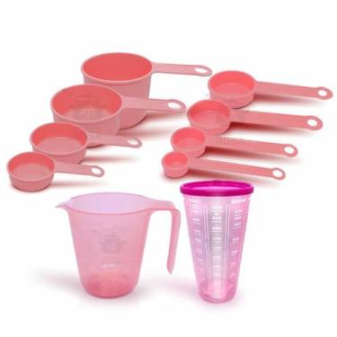 Imagem de Kit Medida 10 Peças Jarra 500ml Rosa Copo C/Tampa (Rosa) Xicara Rosa C