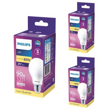 Imagem de Kit 3 Lâmpada Led Bulbo 13w = 90w 1311lm Bivolt Philips 3000k amarela 