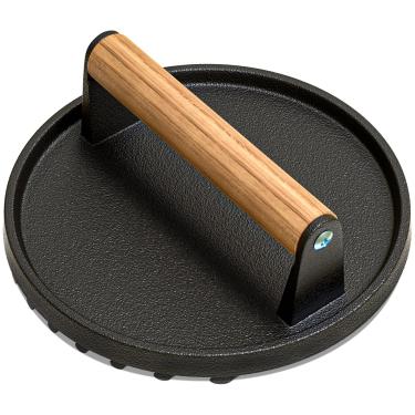 Imagem de AIKKIL Prensa de hambúrguer, 28 cm redonda e 21 cm × 12 cm retangular de ferro fundido resistente para esmagar carne com cabo de madeira, prensa de bacon, prensa de grelha, perfeita para cozinhar em grelha (redondo)