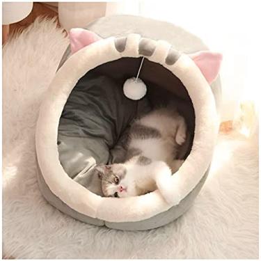 Imagem de Andiker Camas de gato para gatos em ambientes internos, cama de caverna de gato semi-fechada com uma bola de pelúcia grande espaço para gatos dormirem macia e confortável com uma esteira lavável e removível (G, cinza)